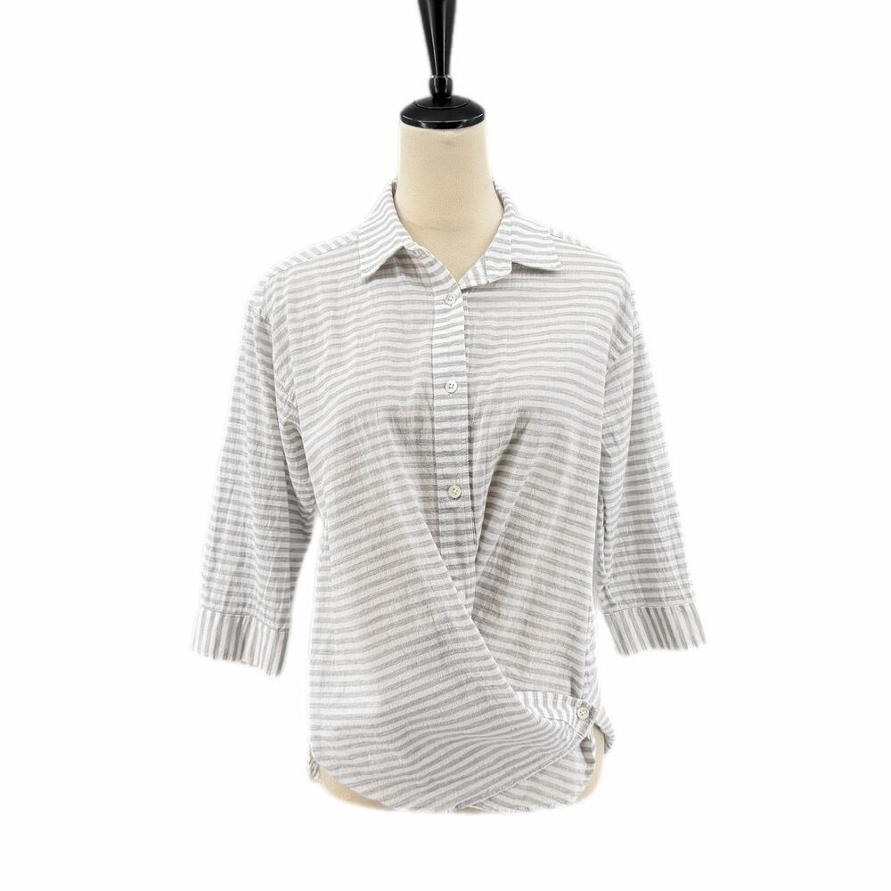 Steven Alan Gray White Stripe Waist Wrap Button Up 100% Cotton 3/4 Sleeve Top - Picture 2 of 11